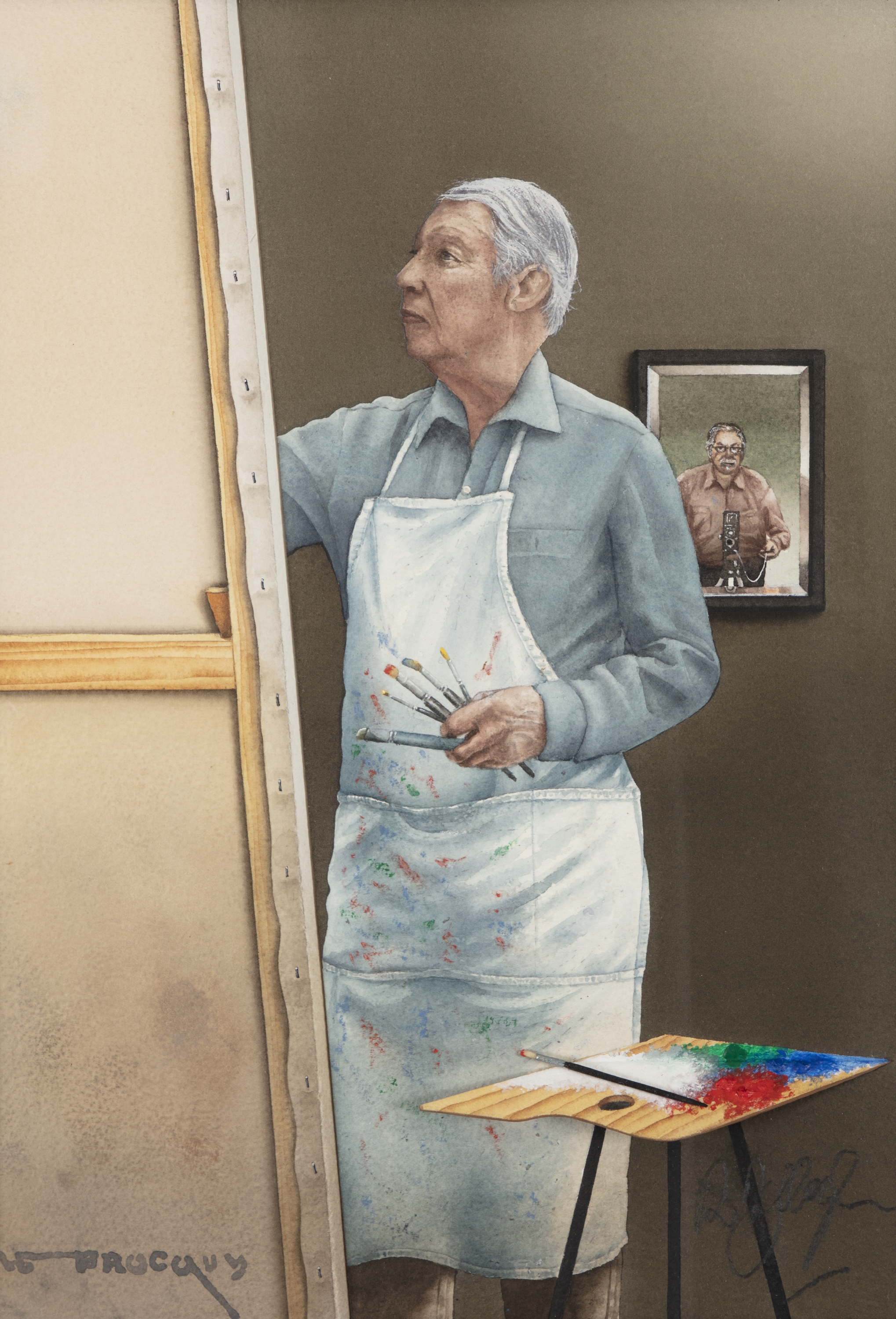 Artwork by Robert Ballagh, Robert Ballagh (b.1943)Portrait of Louis le BrocquyWatercolour and mixed media, Made of mixed media
