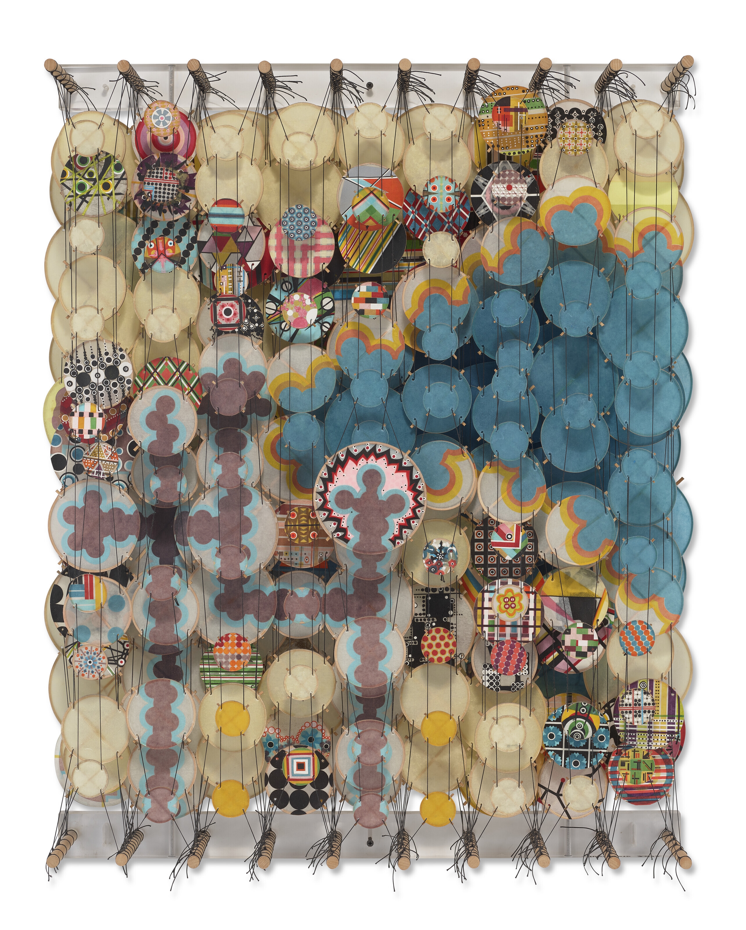 Artwork by Jacob Hashimoto, Cosmic Events and Casual Gestures, Made of acrylic, nylon thread, paper and wood