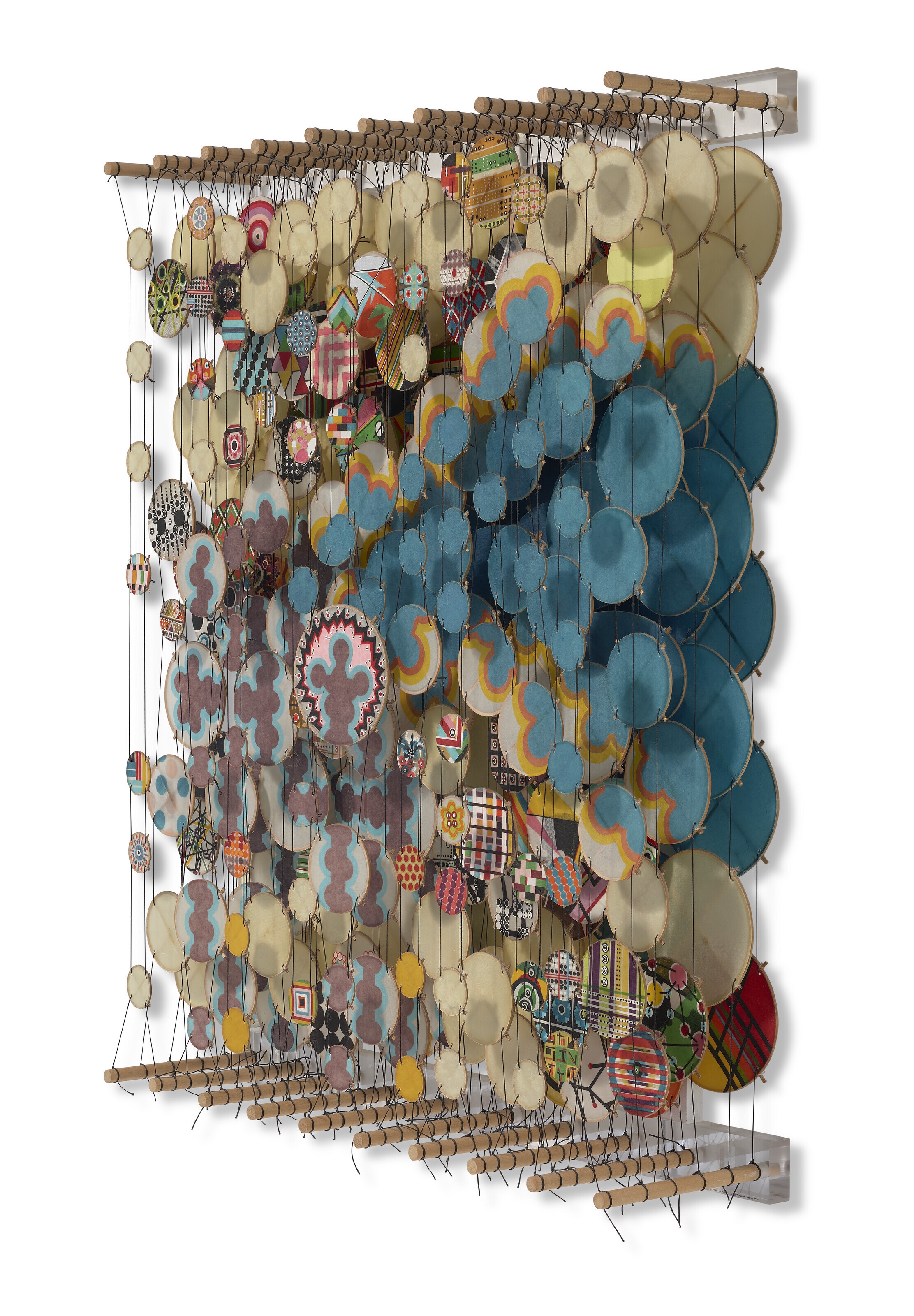 Artwork by Jacob Hashimoto, Cosmic Events and Casual Gestures, Made of acrylic, nylon thread, paper and wood