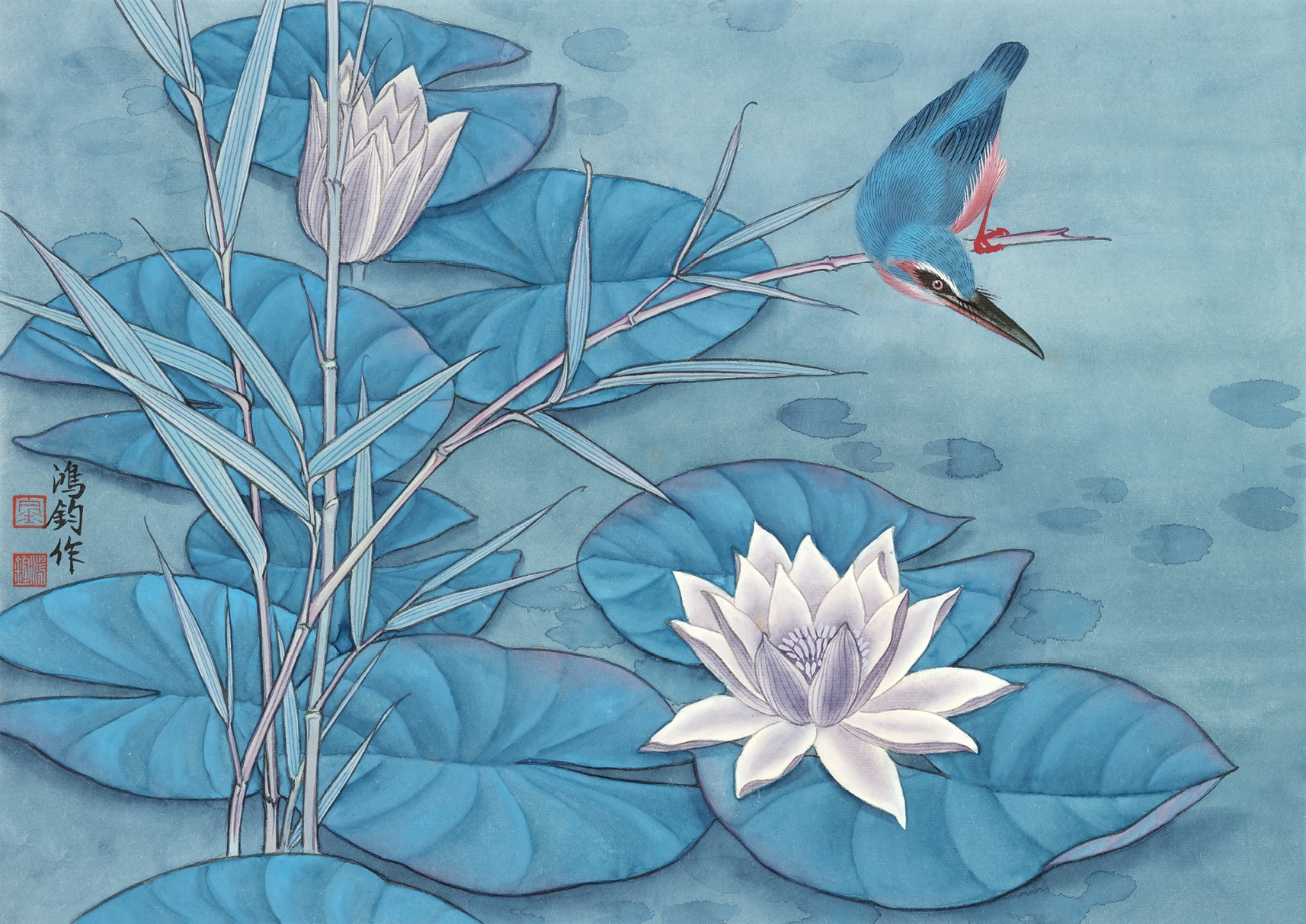 Artwork by Jin Hongjun, Lotus Pond Kingfisher, Made of paper