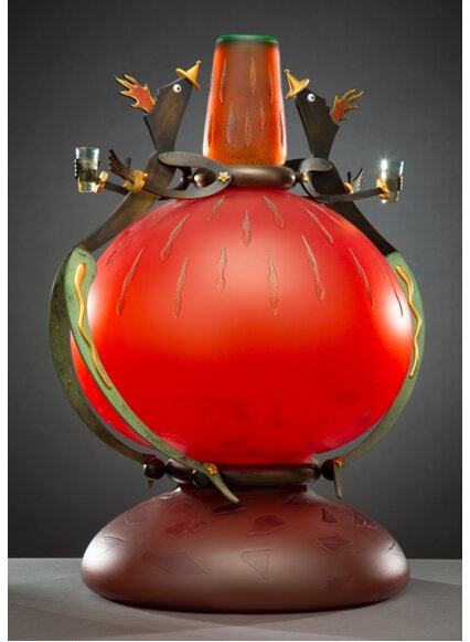 Artwork by Dan Dailey, Fire Eaters, from the 'Circus Vase' Series, Made of Blown glass, patinated and gold