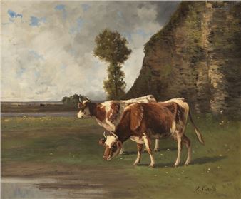 Two cows grazing at the foot of a cliff. - Alfred-Eugene Capelle