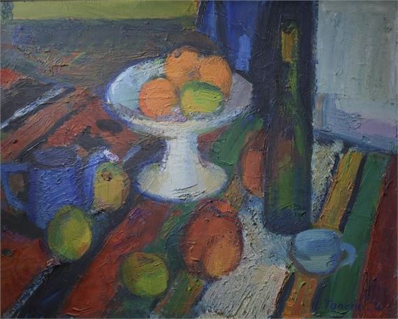 Still life with a white compotier and a green bottle. by Louis Toncini, dated 1957
