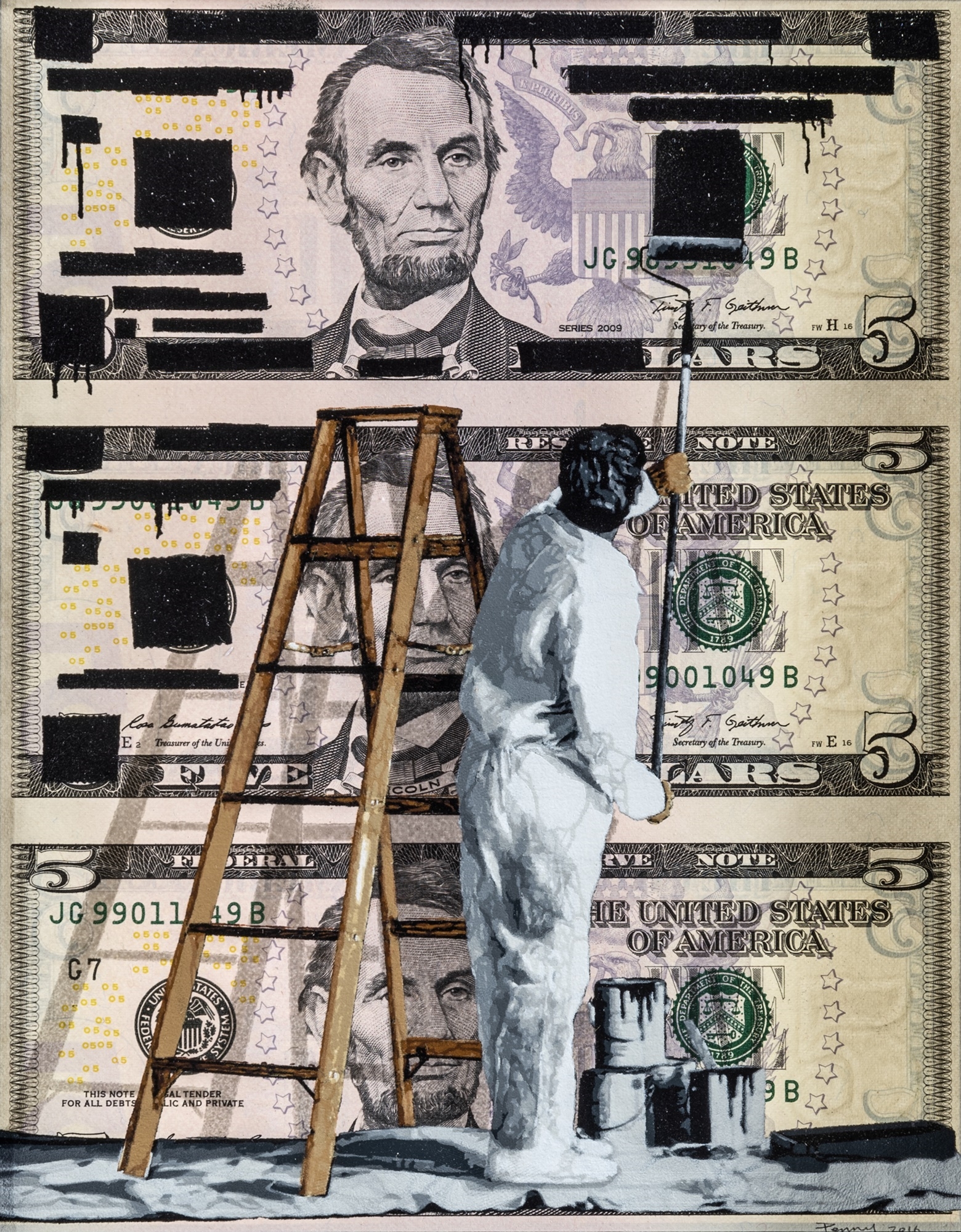 Artwork by Penny, Redacted, Made of spray paint and stencil on an uncut sheet of 3 $5 Bills