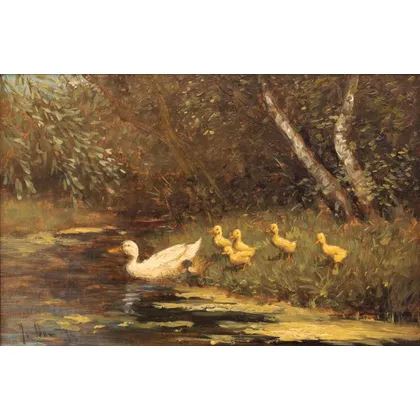 Eendenfamilie aan de waterkant by Jan van Dam