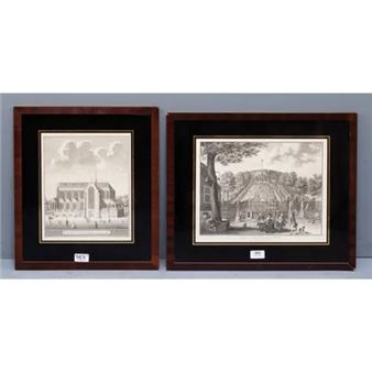 Twee prenten van Leiden: De Burcht en de Pieterskerk - Abraham Delfos