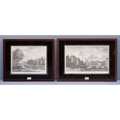 Twee prenten van Leiden: De Vismarkt en de Waag - Abraham Delfos