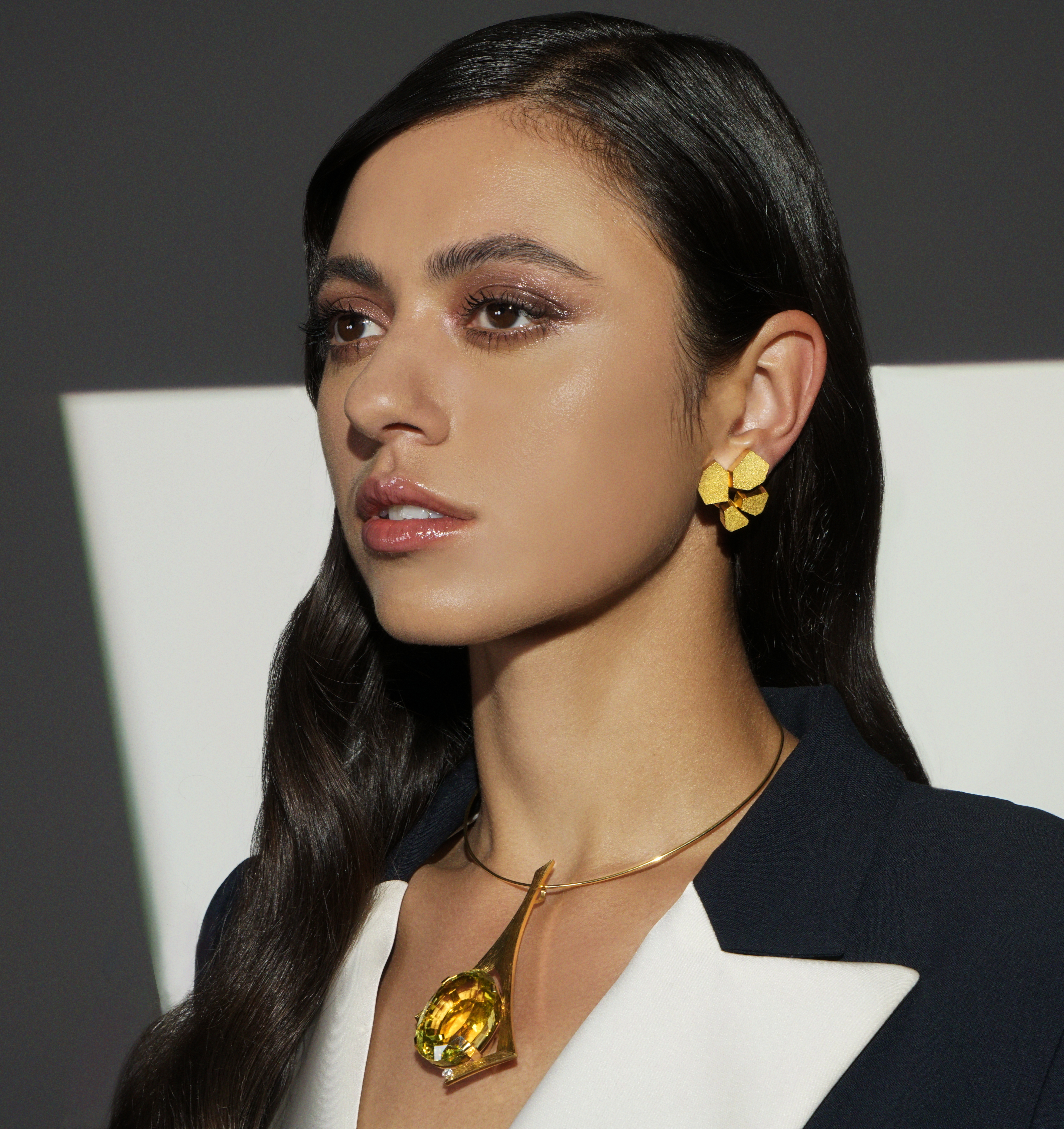 Artwork by Andrew Grima, Modernist Citrine and Quartz Pendant Necklace, Made of engraved yellow gold