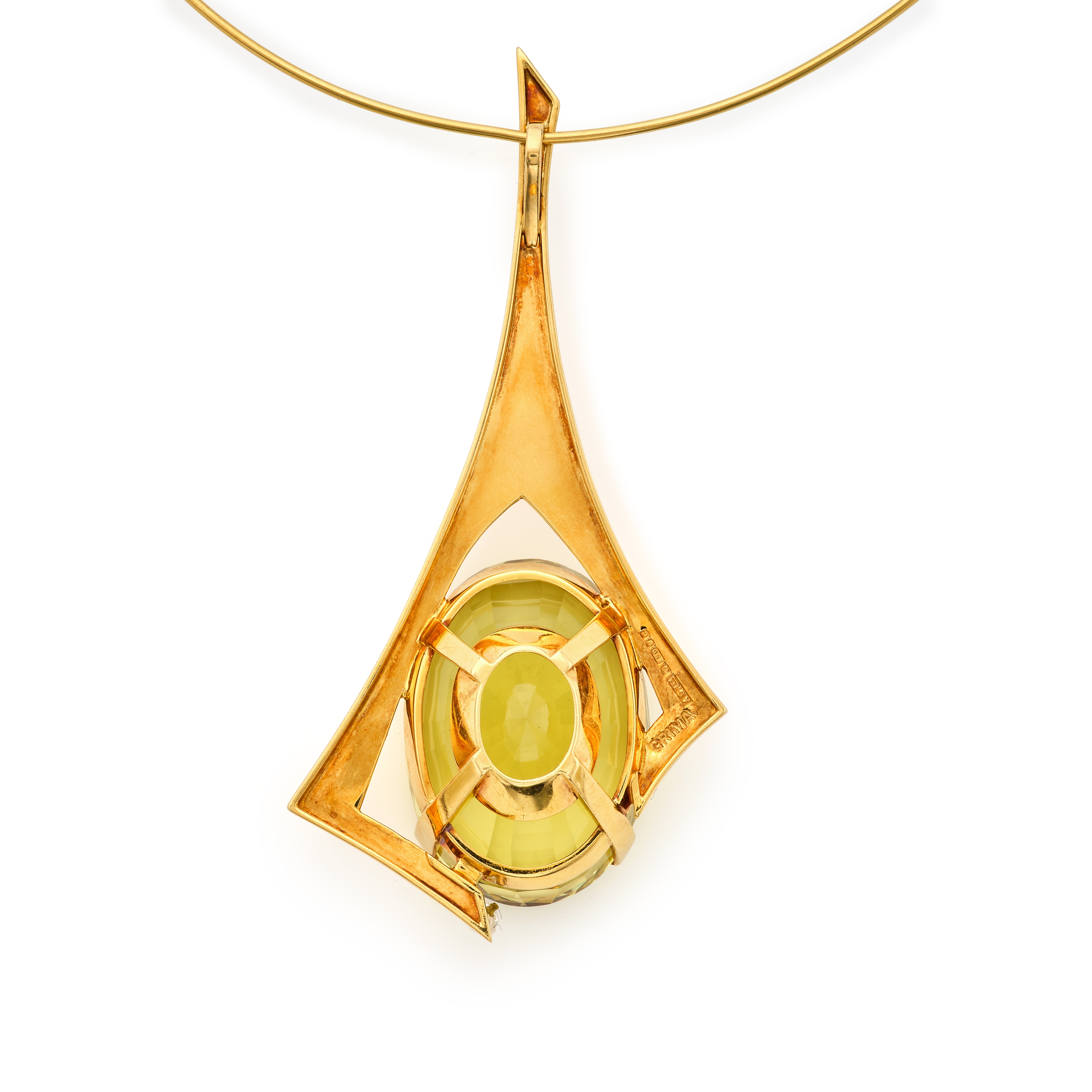 Artwork by Andrew Grima, Modernist Citrine and Quartz Pendant Necklace, Made of engraved yellow gold