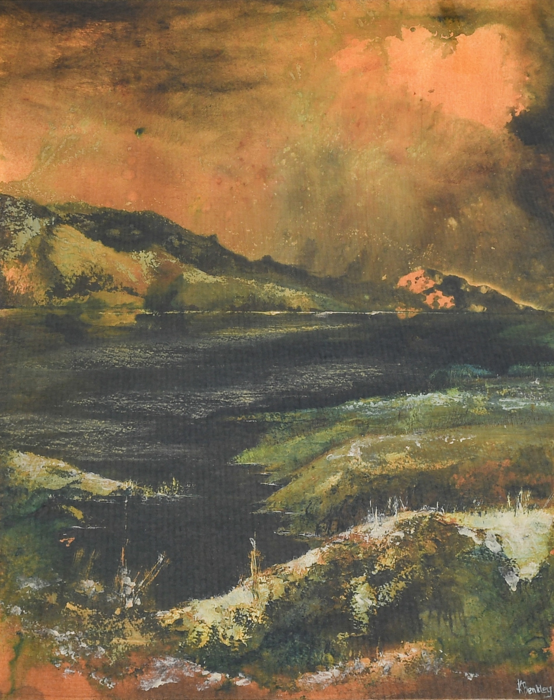 Artwork by Kate Bentley, Snow storm brewing over Kent Estuary, Made of oil on panel