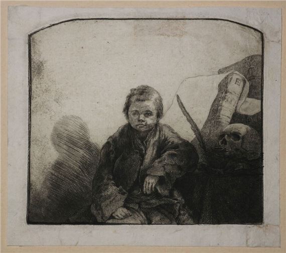 Seated boy, leaning against a table on which are a feather, a skull and a book by Jean-Pierre Norblin de La Gourdaine, 1776