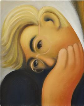 A close-up portrait of a person with blonde hair and glasses, hand covering their mouth.