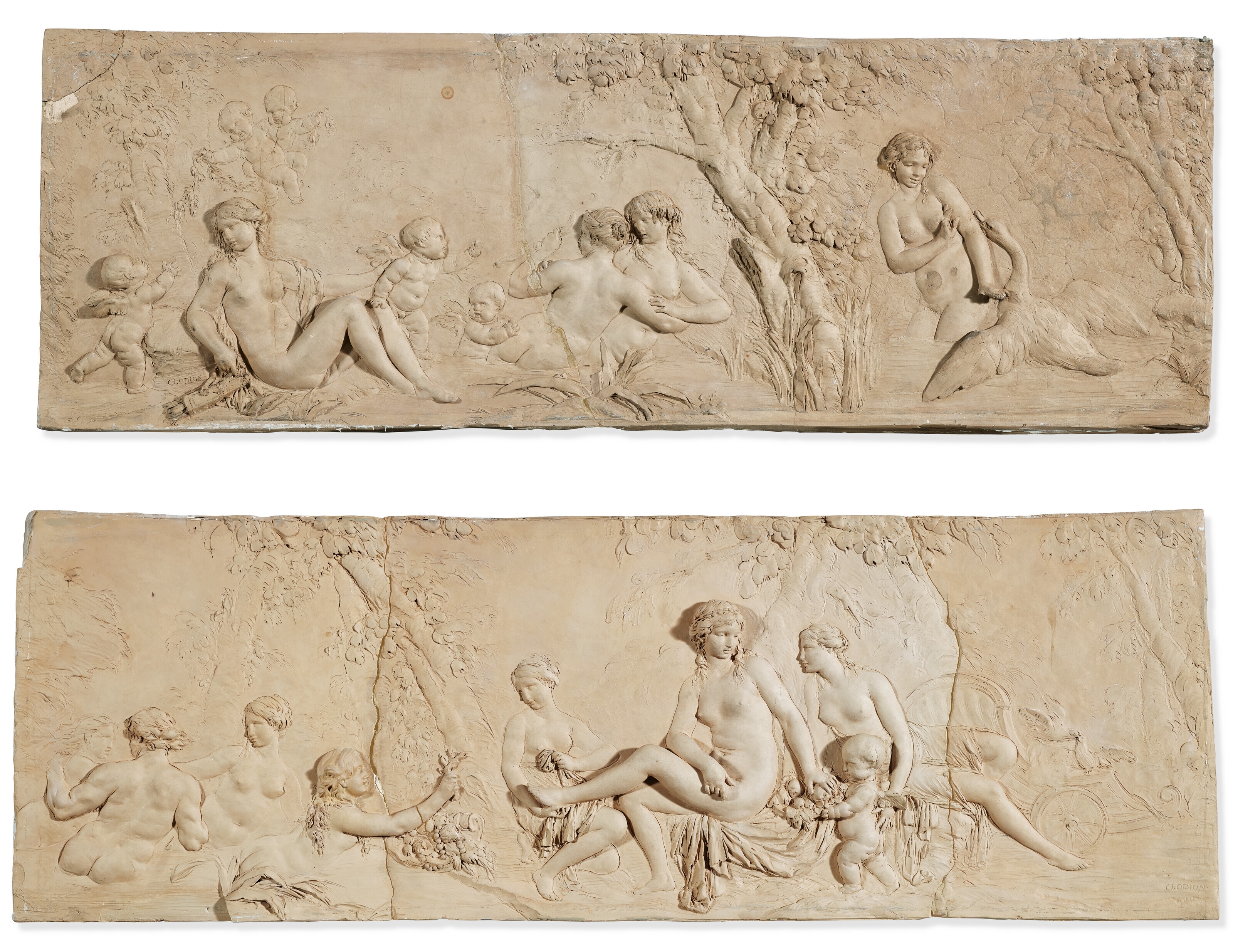 A PAIR OF RECTANGULAR TERRACOTTA PREPARATORY RELIEFS FOR THE SALLE DE BAINS OF THE HÔTEL DE BESENVAL: ONE DEPICTING CUPID AND VENUS, SALMACIS AND HERMAPHRODITE AND LEDA AND THE SWAN AND THE OTHER DEPICTING THE BATH OF VENUS by Claude Michel Clodion, CIRCA 1780-1782
