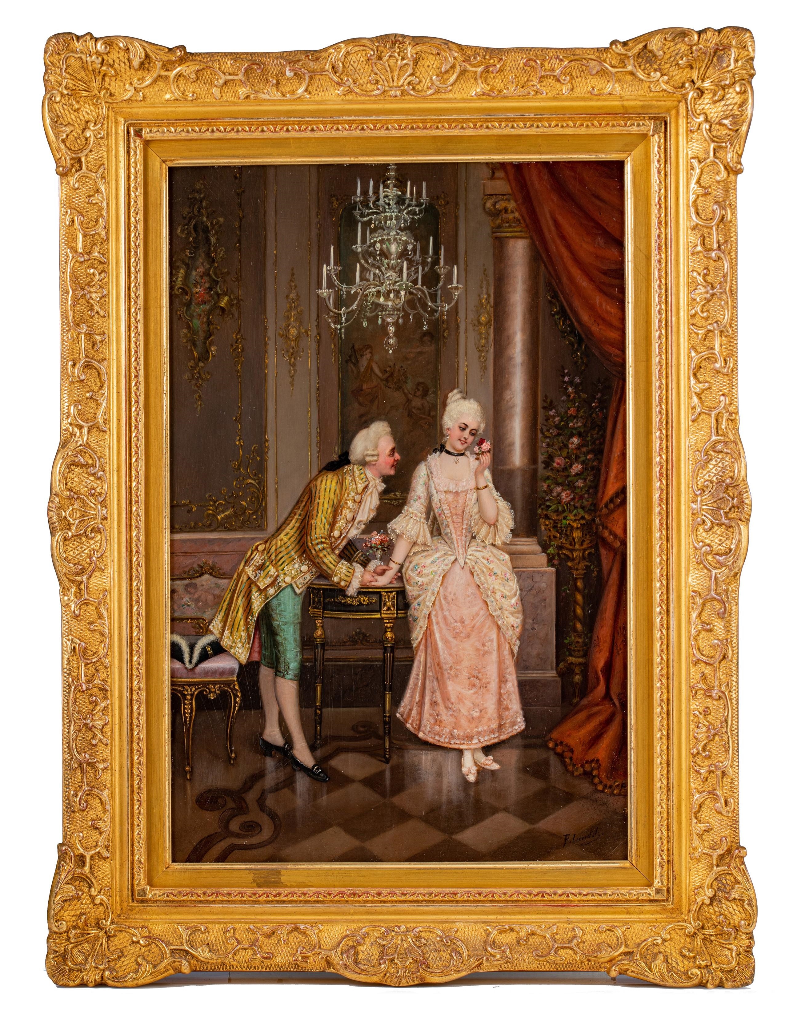 Artwork by Frederic Lenditz, a romance in a Rococo setting, Made of oil on panel