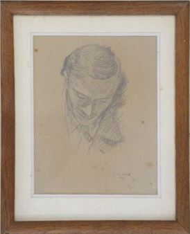 Portrait d'homme à la tête baissée (Jules JOETS ?) Mine de plomb sur papier signée et datée 1945 en bas à droite - Geneviève Duboscq