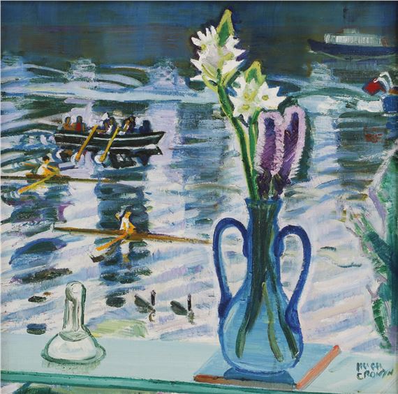 A vase of flowers on a ledge looking out to rowers on a river by Hugh Cronyn