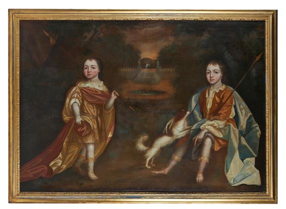 A DOUBLE PORTRAIT OF WILLIAM AND NATHANIEL LLOYD WITH THEIR DOG by English Naïve School, 18th Century