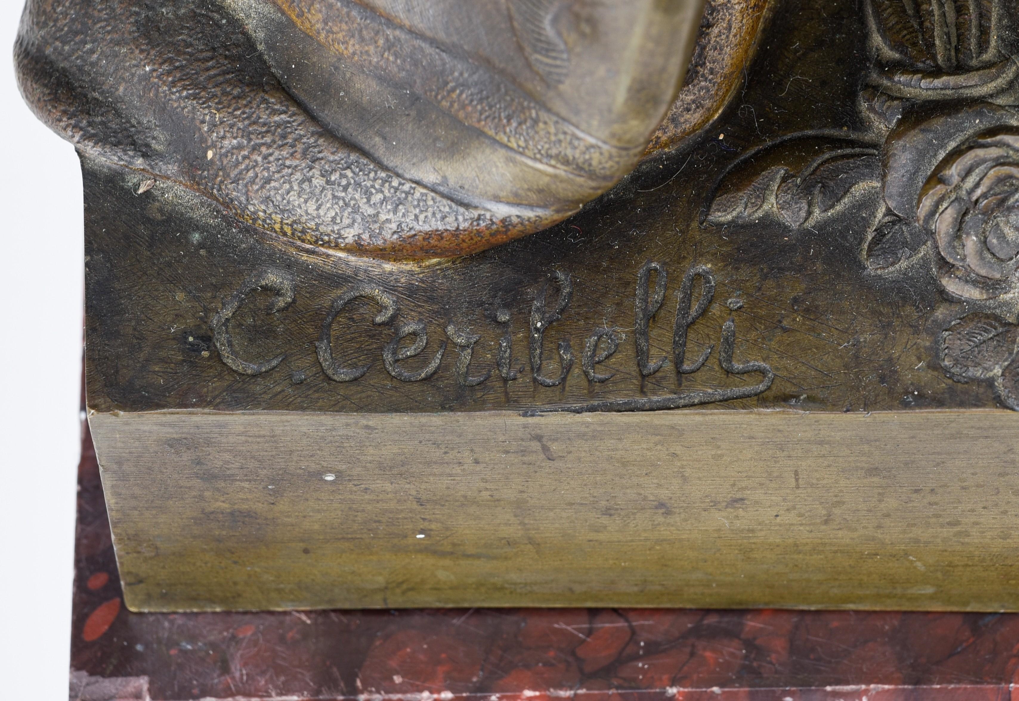 Artwork by Cesar Ceribelli, lady with roses, Made of patinated bronze