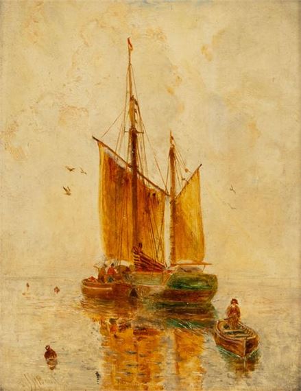 A serene maritime scene featuring a large sailing vessel and a small rowboat on calm, reflective waters.