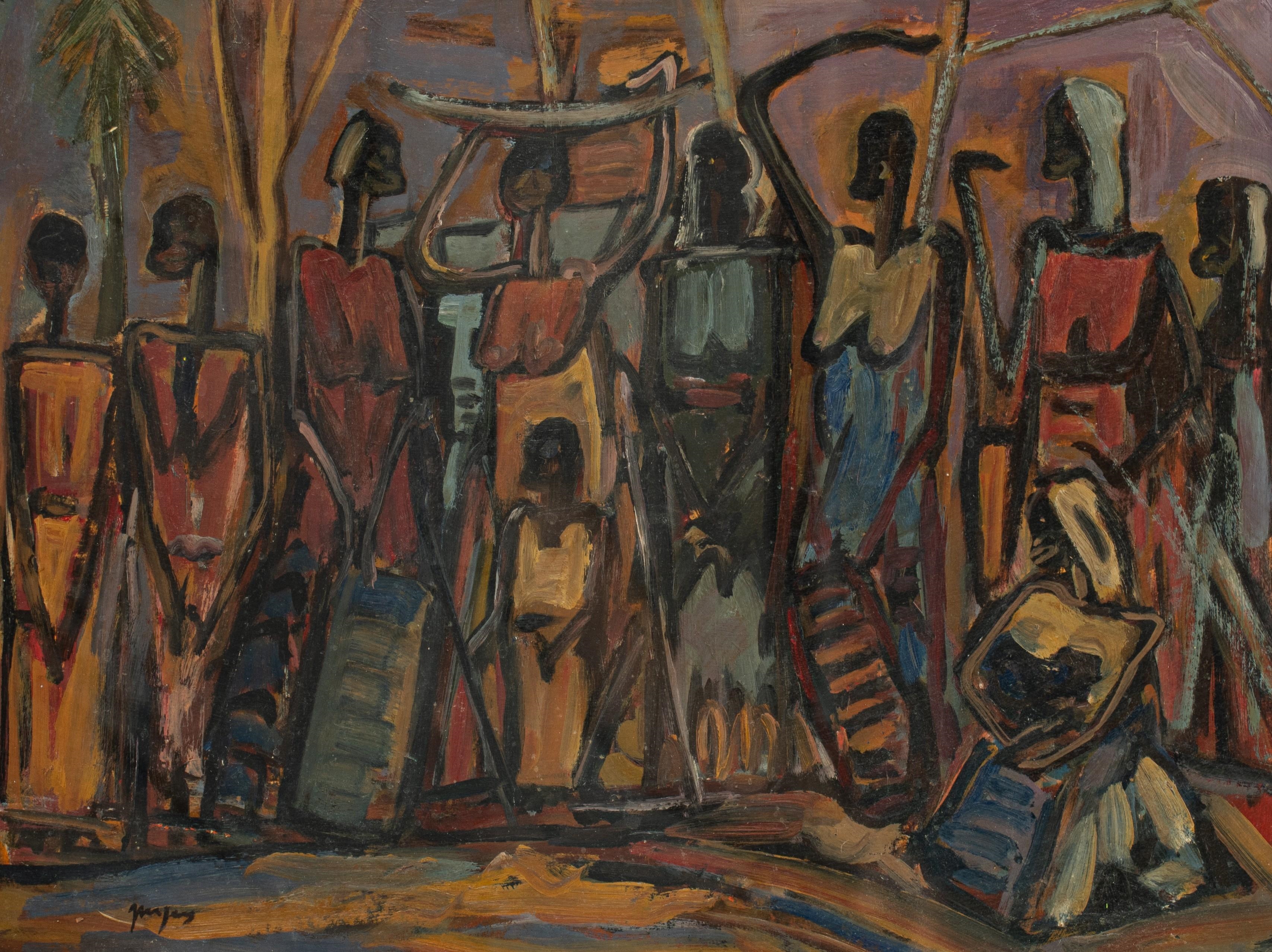 Artwork by Floris Jespers, animated scene in Congo, Made of oil on board