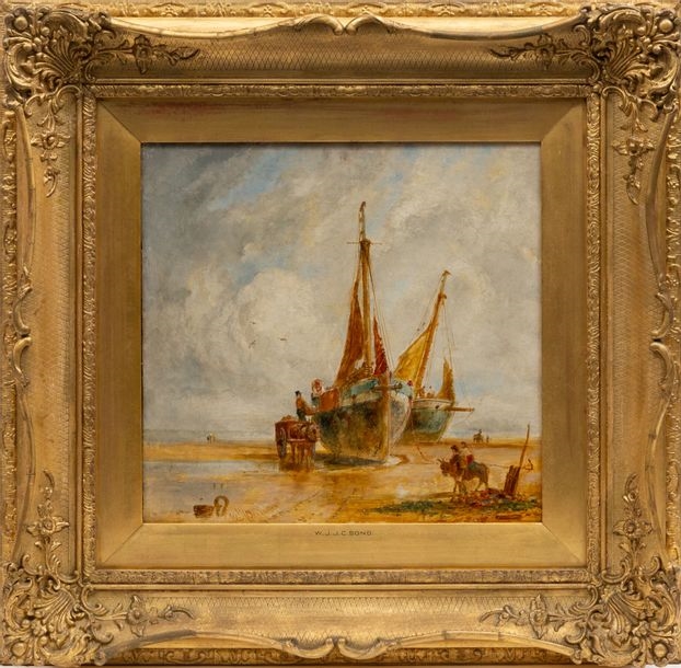 A seascape painting of two fishing boats resting on a sandy shore under a cloudy sky.