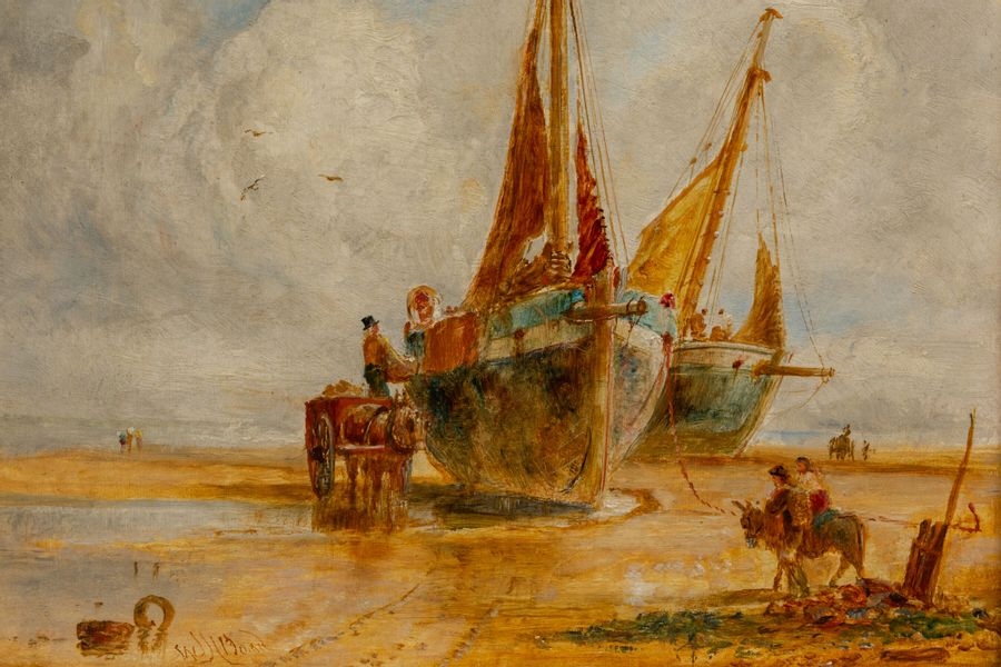 A seascape painting of two fishing boats resting on a sandy shore under a cloudy sky.
