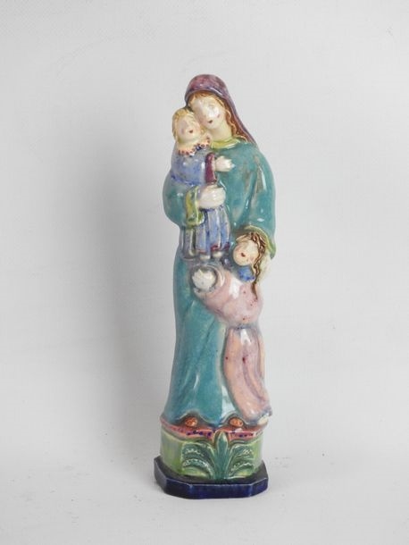 Artwork by Henriette Korner, Subject in polychrome earthenware representing the Virgin with the two children, Made of polychrome earthenware