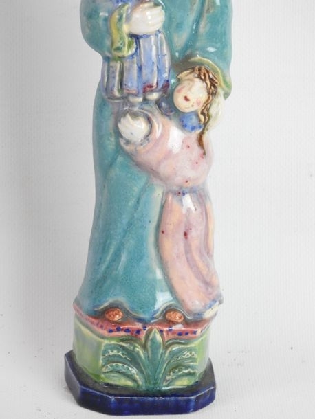 Artwork by Henriette Korner, Subject in polychrome earthenware representing the Virgin with the two children, Made of polychrome earthenware