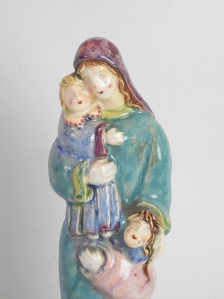 Artwork by Henriette Korner, Subject in polychrome earthenware representing the Virgin with the two children, Made of polychrome earthenware
