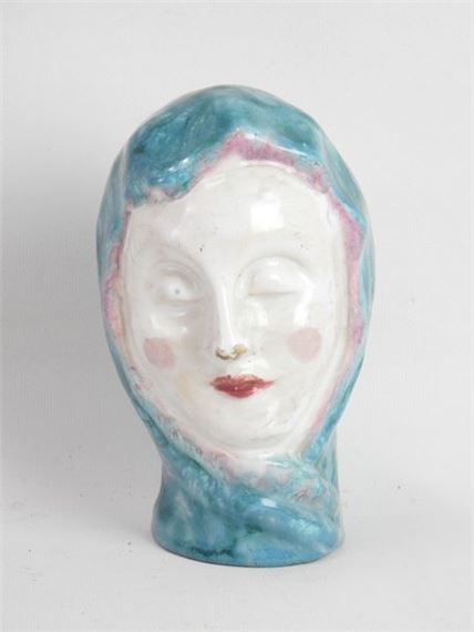 Head of draped woman in polychrome earthenware by Henriette Korner, 1892
