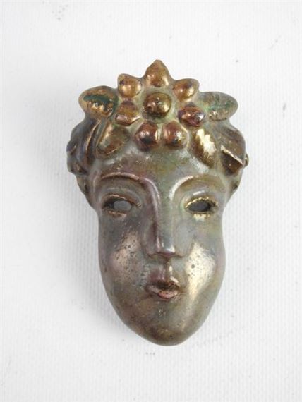 Small mask of putto in terracotta with blue and gray glaze by Henriette Korner, 1892