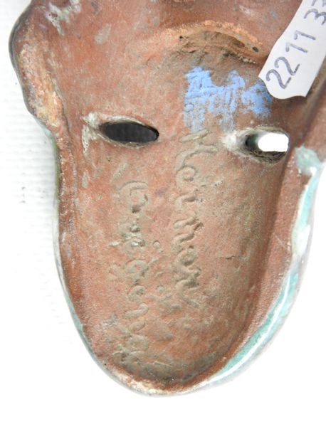 Artwork by Henriette Korner, Small mask of putto in terracotta with blue and gray glaze, Made of terracotta with blue and