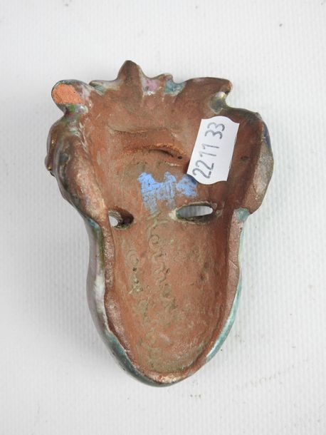 Artwork by Henriette Korner, Small mask of putto in terracotta with blue and gray glaze, Made of terracotta with blue and