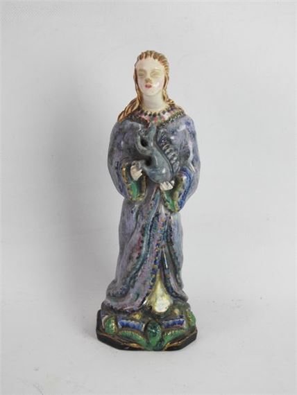 Subject in polychrome earthenware representing a young girl holding a squirrel by Henriette Korner, 1892