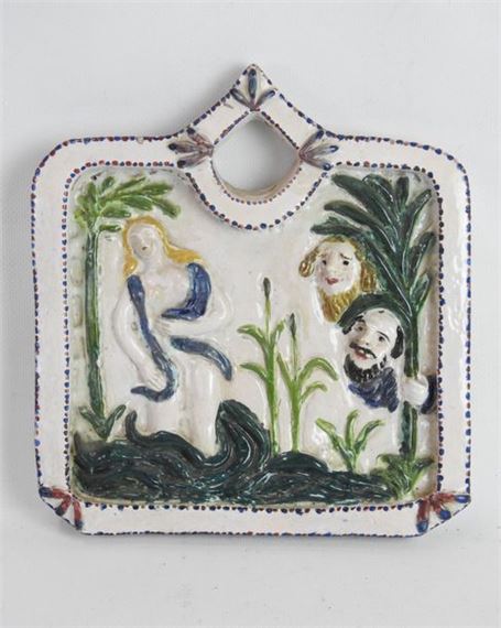 Wall plate in polychrome earthenware with decoration of Venus leaving the bath