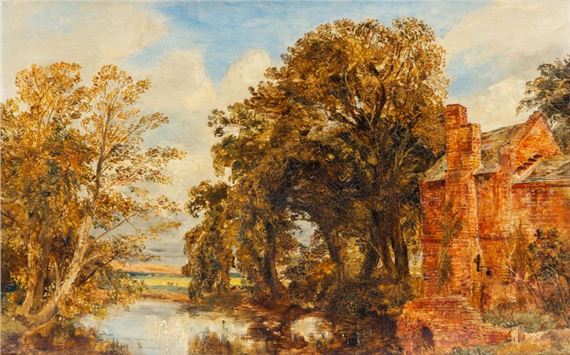 A serene landscape painting featuring a rustic brick ruin beside a calm river under a bright sky.