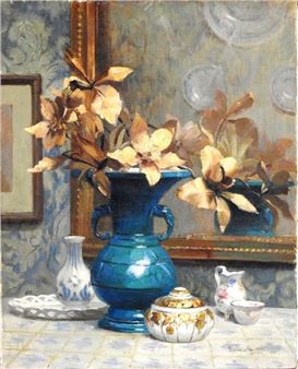 Still life with a blue duck vase and porcelain. - Jane Nérée-Gautier