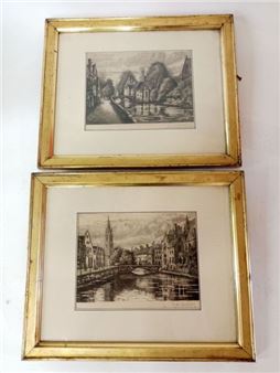 Deux eaux-fortes : "Quai du Rosaire" et "Pont du cheval" à Bruges - Jean Joseph Chabridon