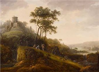 Broad landscape with herders and goats before a castle - Abraham Blommaert