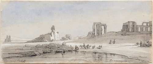 Artwork by Antoine Xavier Gabriel de Gazeau, The Ramesseum in Egypt, Made of Pen and black ink, with grey and blue washes, heightened in white.
