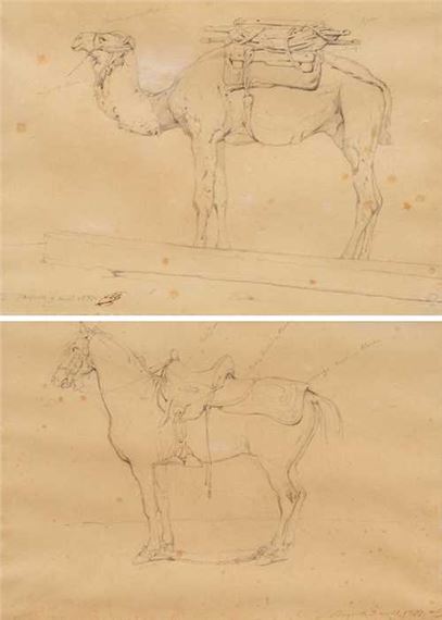 Two studies: 1. A camel in side view; 2. A horse in side view. by Horace Vernet