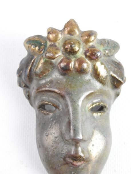 Artwork by Henriette Korner, Small mask of putto in terracotta with blue and gray glaze, Made of terracotta with blue and