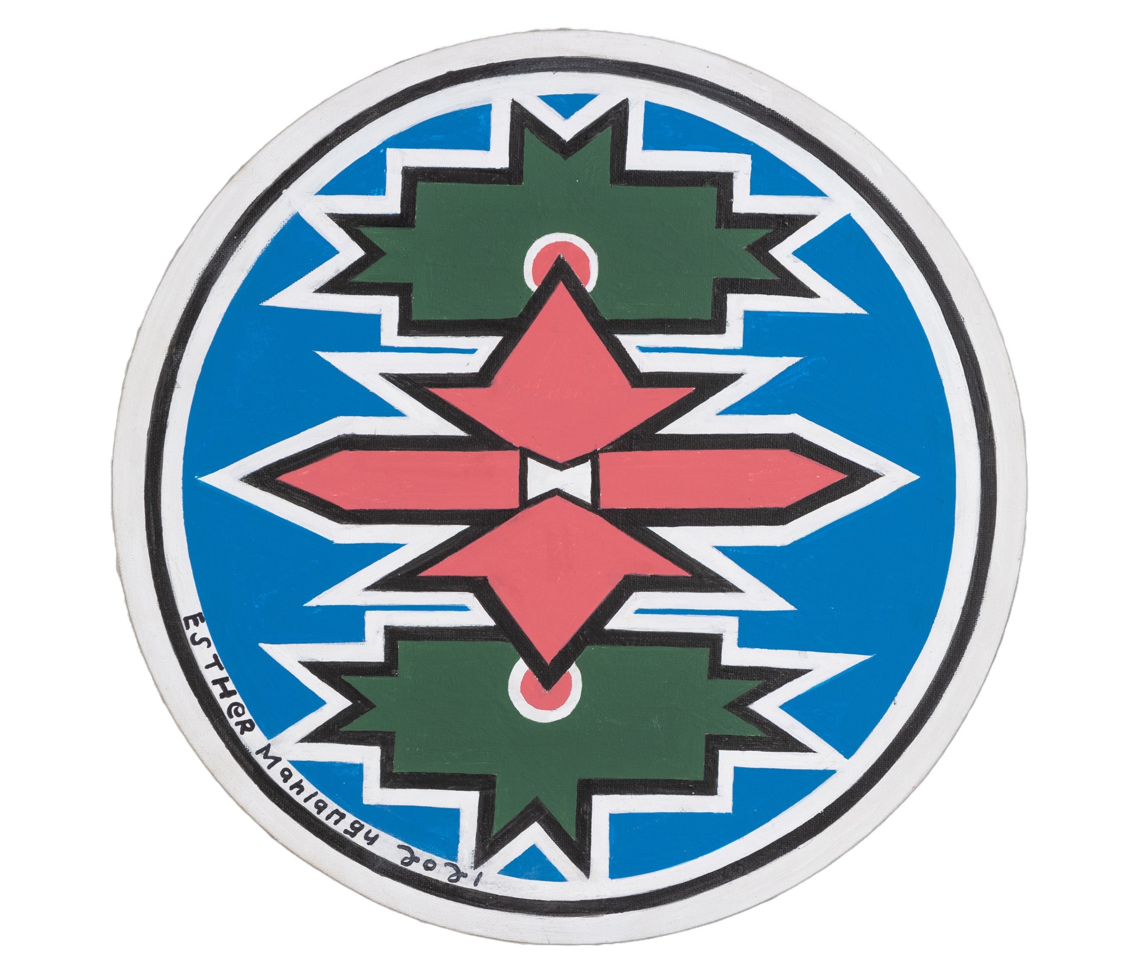 Artwork by Esther Mahlangu, NDEBELE PATTERN IN PINK, BLUE AND GREEN, Made of acrylic on canvas