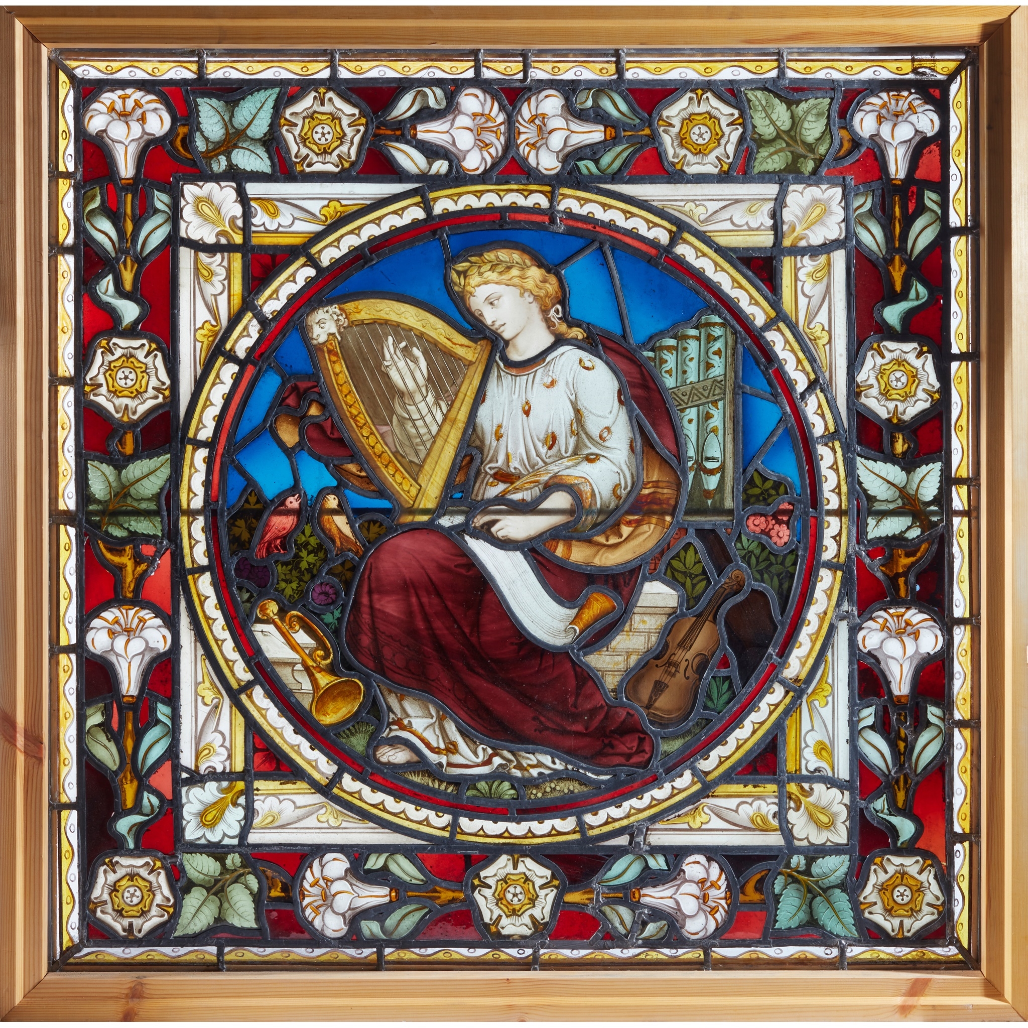'MUSIC', GOTHIC REVIVAL STAINED GLASS PANEL. by John Richard  Clayton, CIRCA 1865