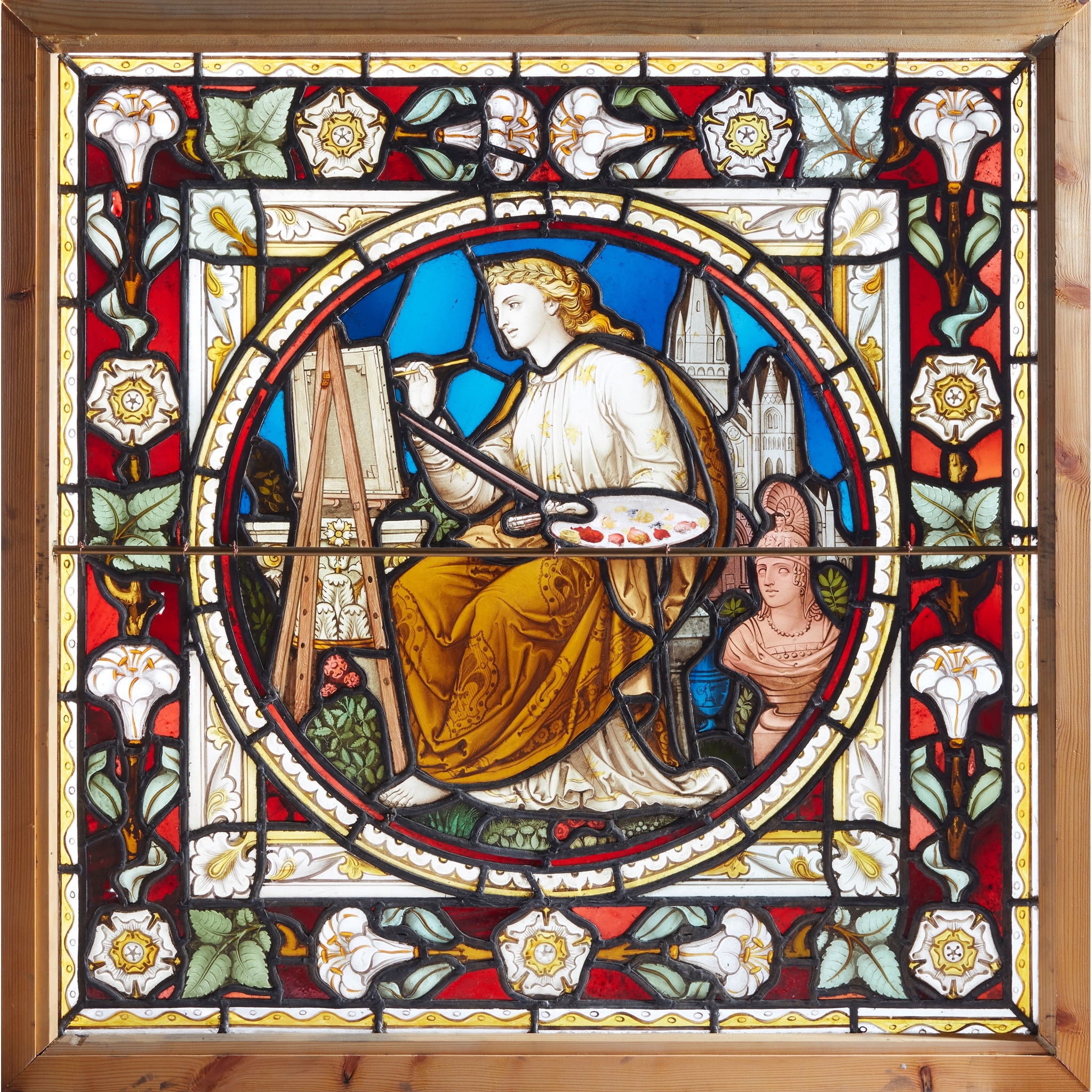 Artwork by John Richard  Clayton, 'ART', GOTHIC REVIVAL STAINED GLASS PANEL., Made of painted, stained and leaded glass within later pine frames with brass strengthening bar