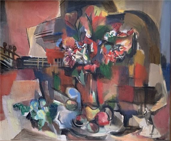 Still life with guitar and flowers by Jean Marzelle