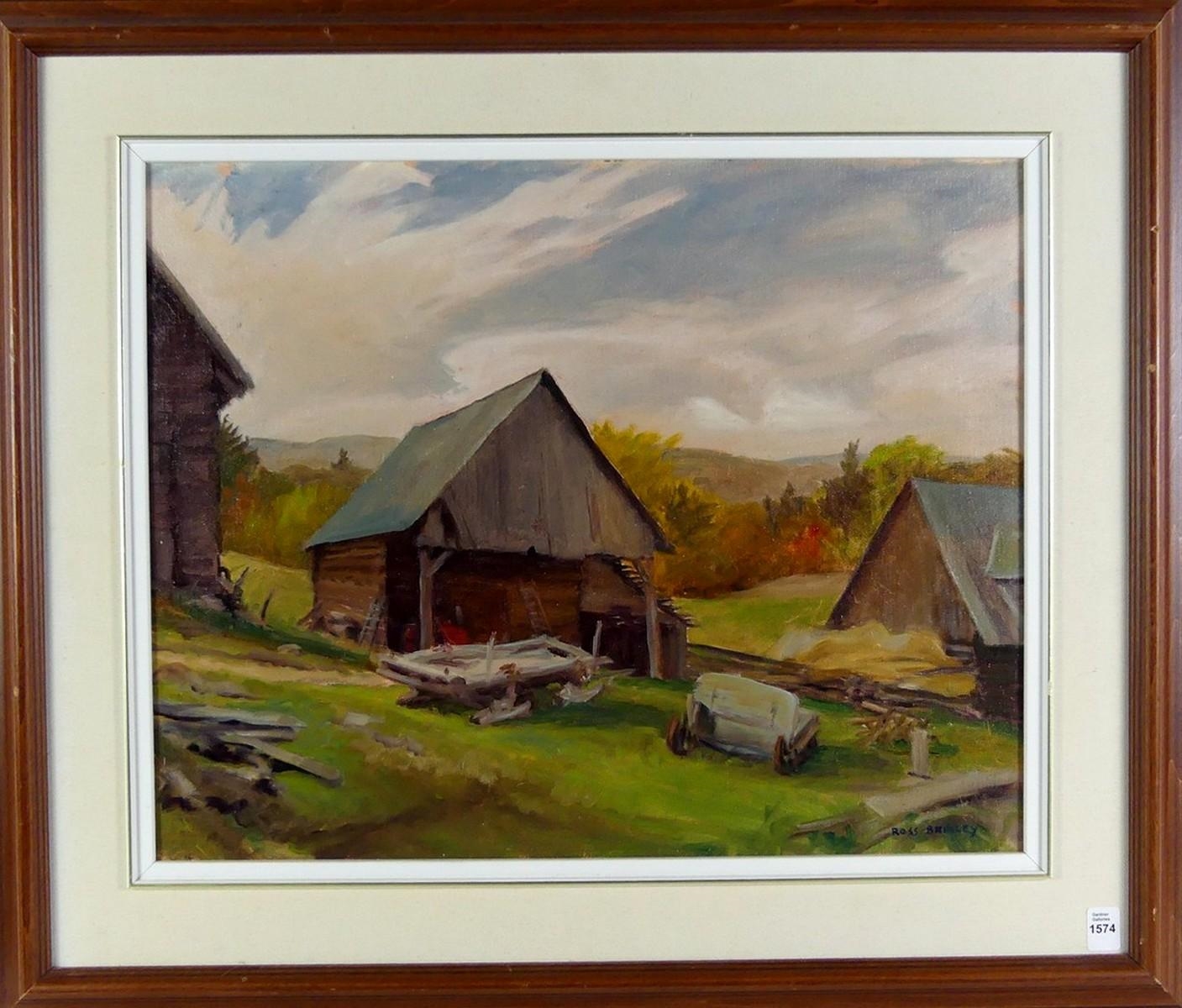 Artwork by Ross Brisley, Farmyard Near Lake Kamaniskeg, Made of oil on board