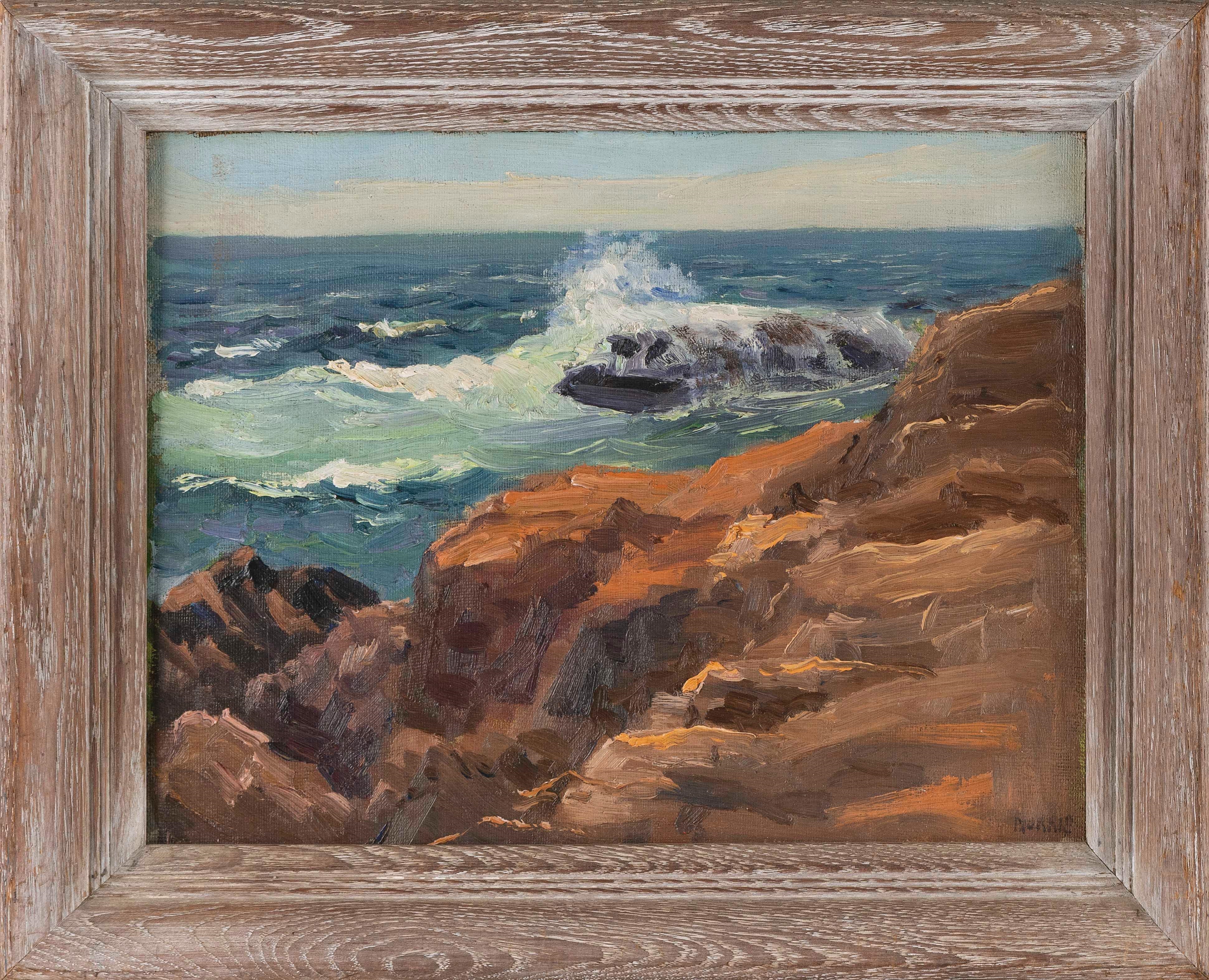 Artwork by George Spencer Morris, Waves crashing on a rocky coast., Made of Oil on board