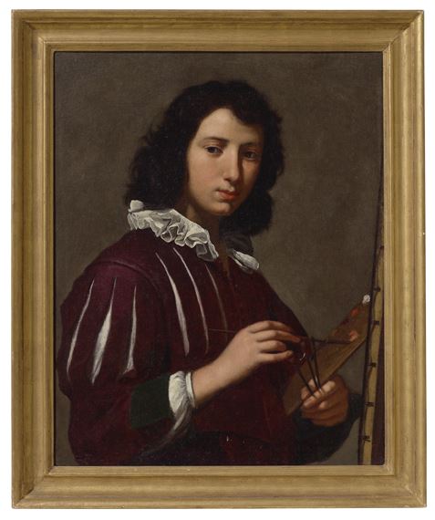 Portrait of an artist, half-length, before an easel by Lorenzo Lippi