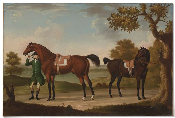 A classical painting of a man in green attire standing beside two saddled horses in a pastoral landscape.
